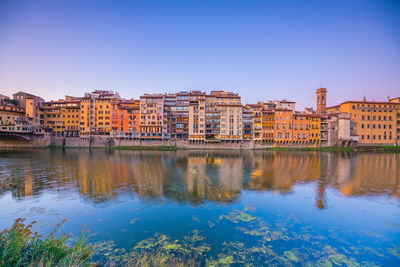 Buildings by river against blue sky