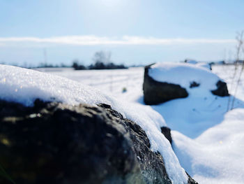 Close-up of frozen water against sky