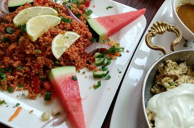 High angle view of food served in plate