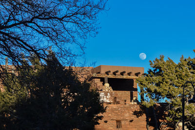 Low angle view of trees and building against clear blue sky