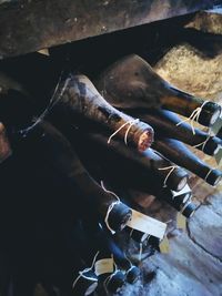 High angle view of rusty metal in row