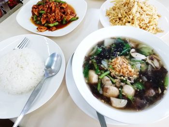 High angle view of food served on table