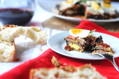 Close-up of food served on table