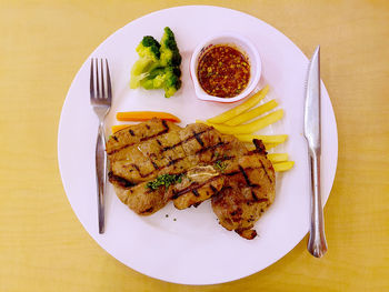 High angle view of food in plate on table