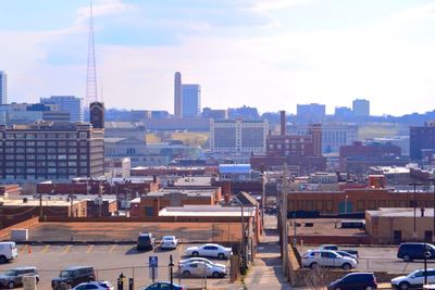 High angle view of cityscape against sky