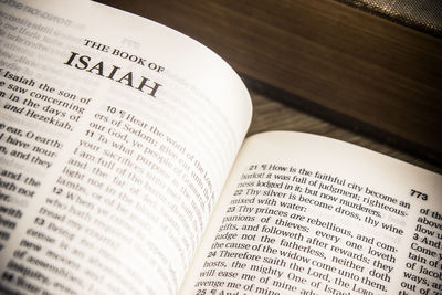 High angle view of text on book