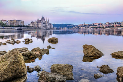 Reflection of buildings in water during sunset