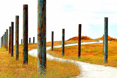 Wooden fence on field against sky