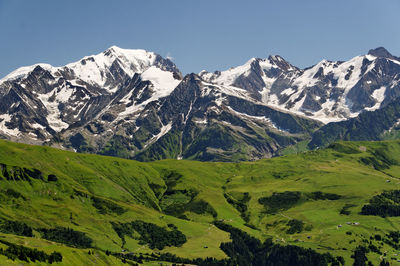 Scenic view of snowcapped mountains against clear sky