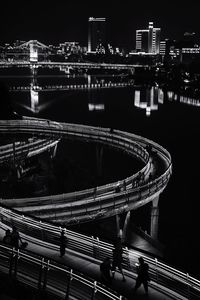 High angle view of illuminated bridge at night