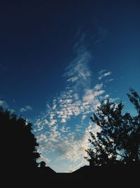 Low angle view of silhouette trees against blue sky