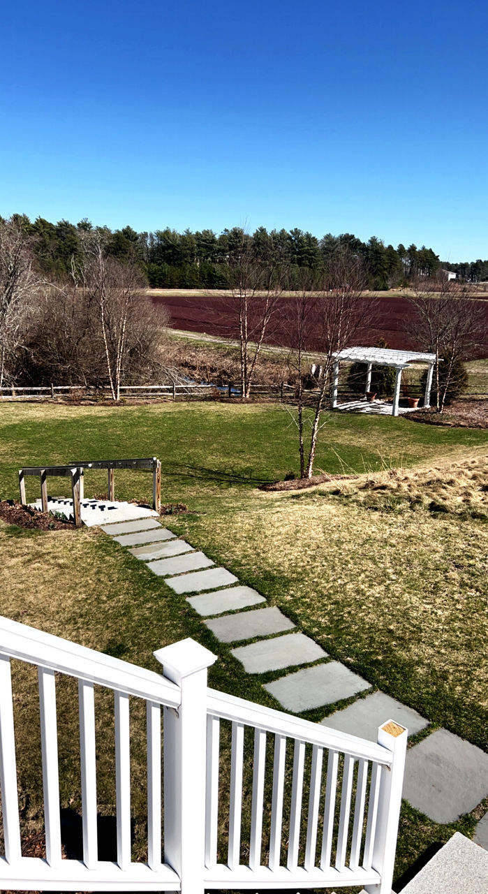 nature, plant, sky, grass, no people, estate, outdoor structure, day, clear sky, tree, fence, architecture, sunny, outdoors, sunlight, blue