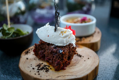 Close-up of cake in plate on table