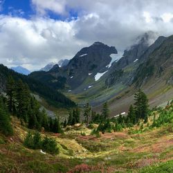 Scenic view of mountains against sky