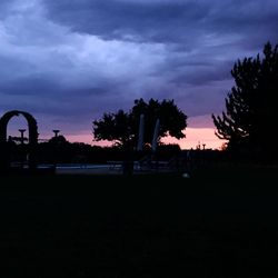 Silhouette trees on landscape against sky at sunset