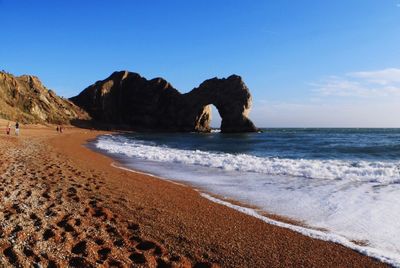 Scenic view of sea against clear blue sky