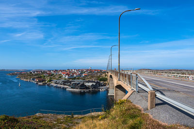 High angle view of city by sea against sky