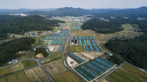 High angle view of agricultural field against sky