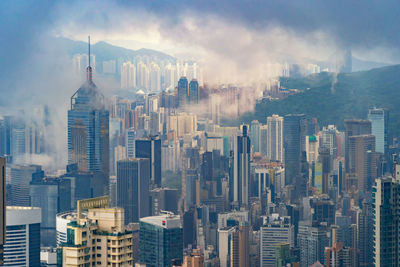 Aerial view of buildings in city against sky