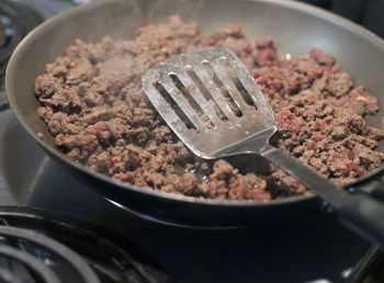 High angle view of meat in container