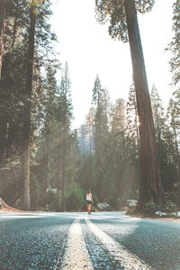 Mid distance of woman standing on country road at yosmite valley national park