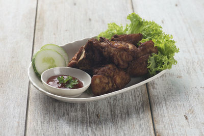 High angle view of food in bowl on table