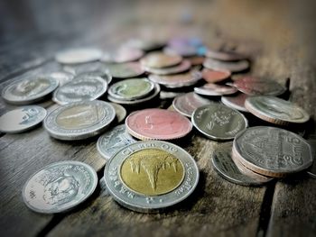 Close-up of coins on table