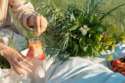 Unrecognized woman making a refreshing drink from strawberries at a picnic.