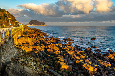 Beautiful landscape at sunrise of spanish atlantic coast in basque country near the town of getaria