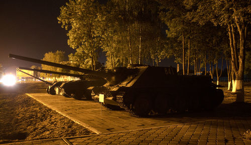 Empty pathway along trees at night