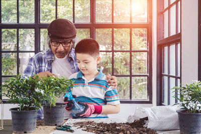 Father and son on potted plant