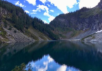 Scenic view of lake by mountains against sky