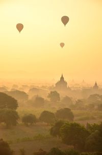 Hot air balloons in sky at sunset