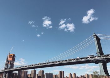 Low angle view of suspension bridge against blue sky