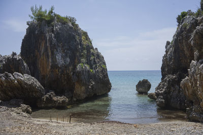 Rocks on sea shore against sky