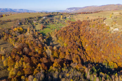 Aerial drone shot over autumn scenery in transylvania, romania