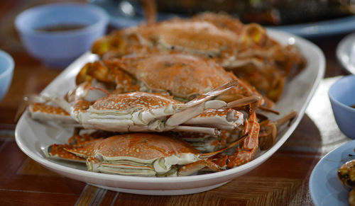 High angle view of food in plate on table