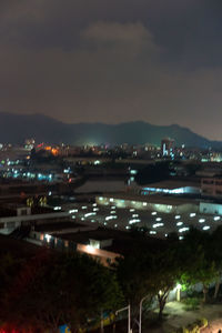 High angle view of illuminated buildings in city at night