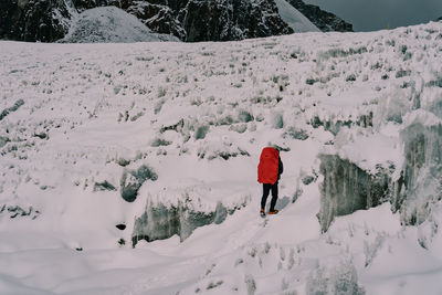 Rear view of man skiing on snow covered field