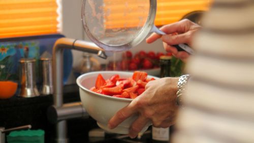 Close-up of strawberry slices in bowl