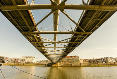  wide angle of a man made metal modern architecture of a bridge located over vistula river in poland