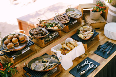 High angle view of various food on table