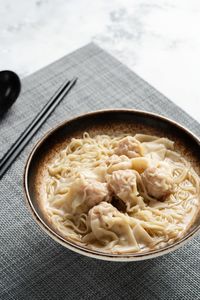 High angle view of soup in bowl on table