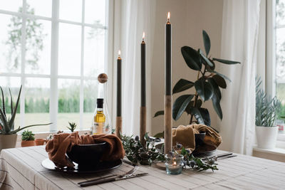 Romantic dinner table set up for two at home