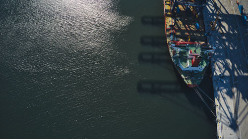 High angle view of a ship with cranes