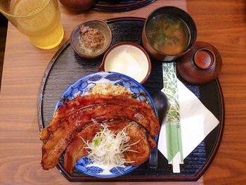 High angle view of food served on table