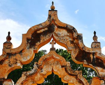 Low angle view of temple against building