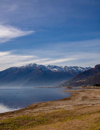 Scenic view of lake and snowcapped mountains against sky