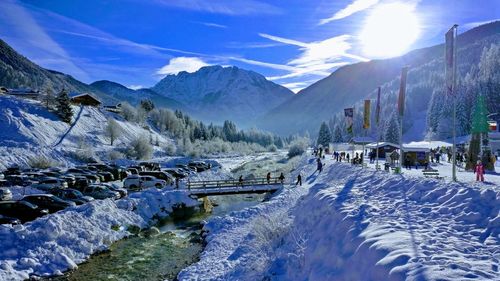 Scenic view of mountains against sky during winter