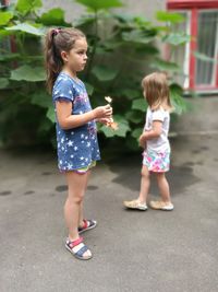 Girl looking away while holding dried leaves with sister on sidewalk